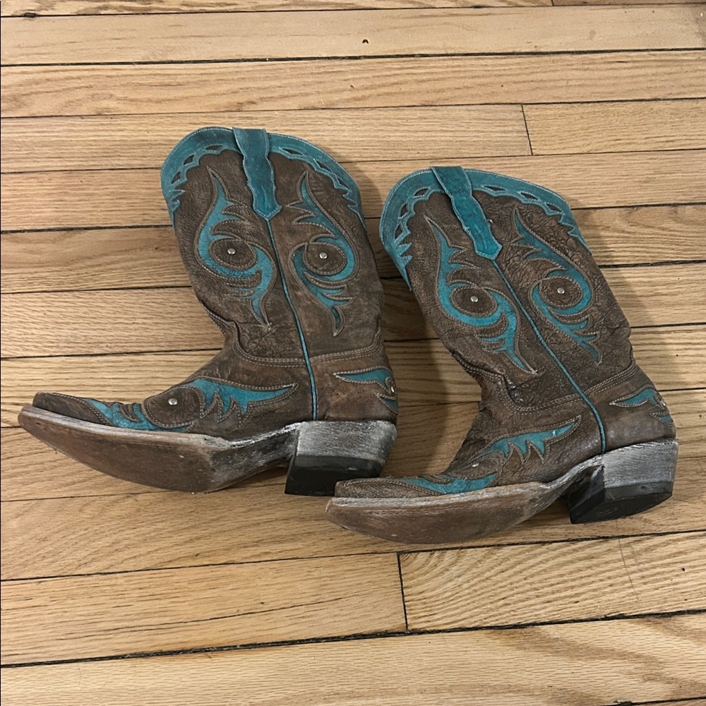 Brown and Teal Heeled Boots